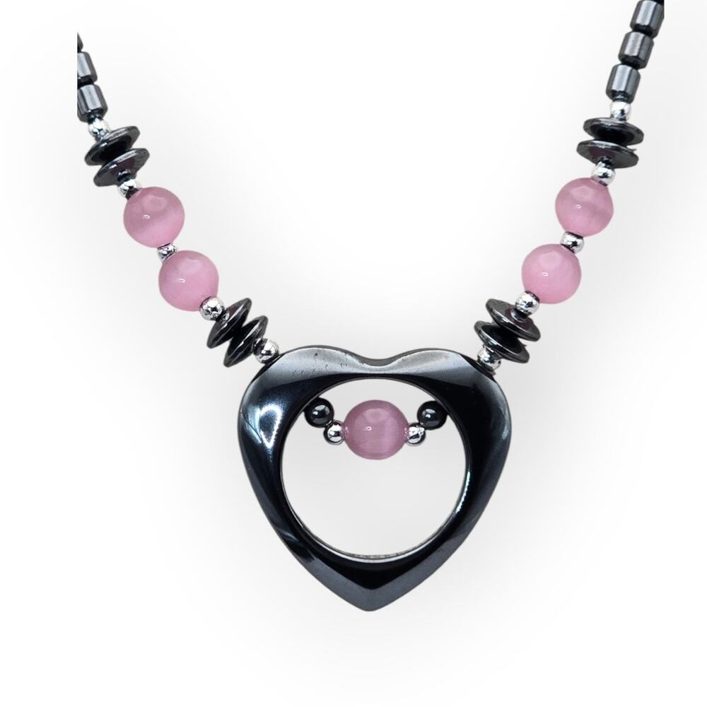 Pink Cat’s Eye & Hematite Heart Necklace Fairy Goth Coquette Dark Academia Y2K